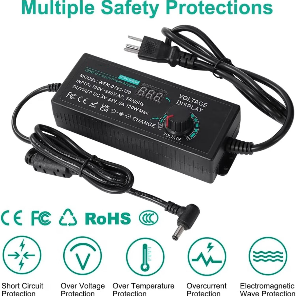 Adjustable Power Supply Adapter, 3V-24V 5A 120W Universal Power, Variable Switching AC/DC Adapter, 100V-240V AC to DC Converter with 14 Tips & LED Voltage Display for 3V to 24V Household Electronics