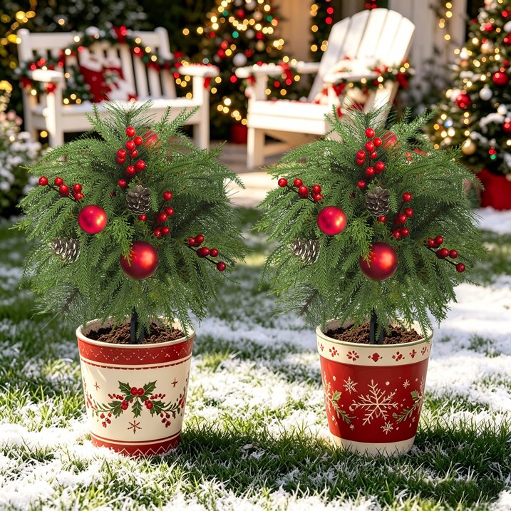 23.6" Set of 2 Artificial Outdoor Christmas Trees with Ground Spikes,UV-Resistant Norfolk Pine with Red Berry Balls for Porch, Garden, Patio Decor