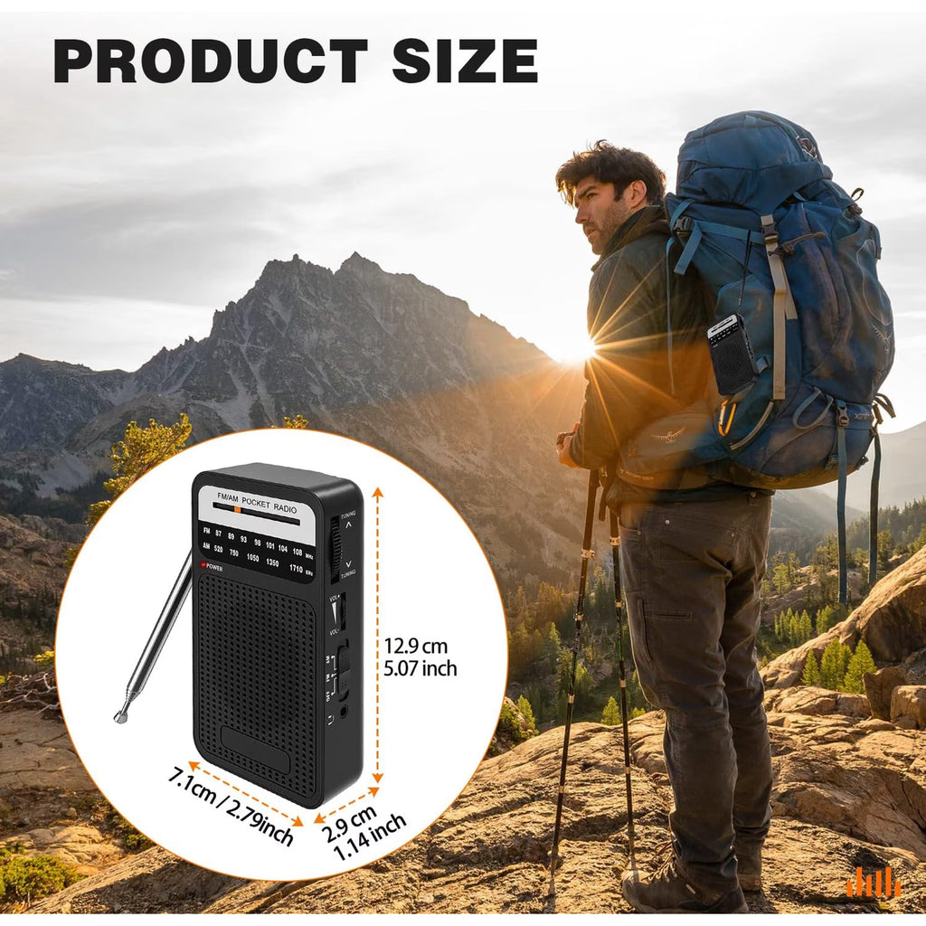 Meikoko Portable Radio AM FM, Loud Speaker Transistor Radio with 3.5mm Headphone Jack, Personal Radio for Long Trips, Pocket Radio for Indoor,Outdoor,Emergency Use Perfect Gift for Seniors,kids,Black