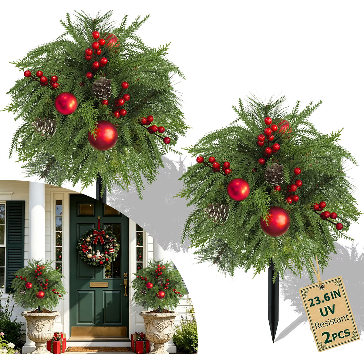 23.6" Set of 2 Artificial Outdoor Christmas Trees with Ground Spikes,UV-Resistant Norfolk Pine with Red Berry Balls for Porch, Garden, Patio Decor