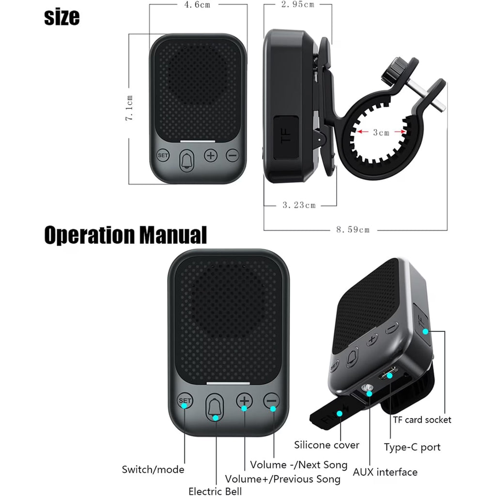 Bluetooth Bike Speaker with FM Radio, IPX7 Waterproof Wireless Speaker with Bike Mount, Magnetic Clip, TWS Stereo Pairing, TF Card Playback and Electric Bell for Cycling, Hiking and Outdoor Travel