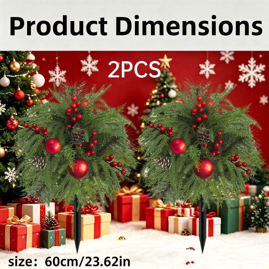 23.6" Set of 2 Artificial Outdoor Christmas Trees with Ground Spikes,UV-Resistant Norfolk Pine with Red Berry Balls for Porch, Garden, Patio Decor