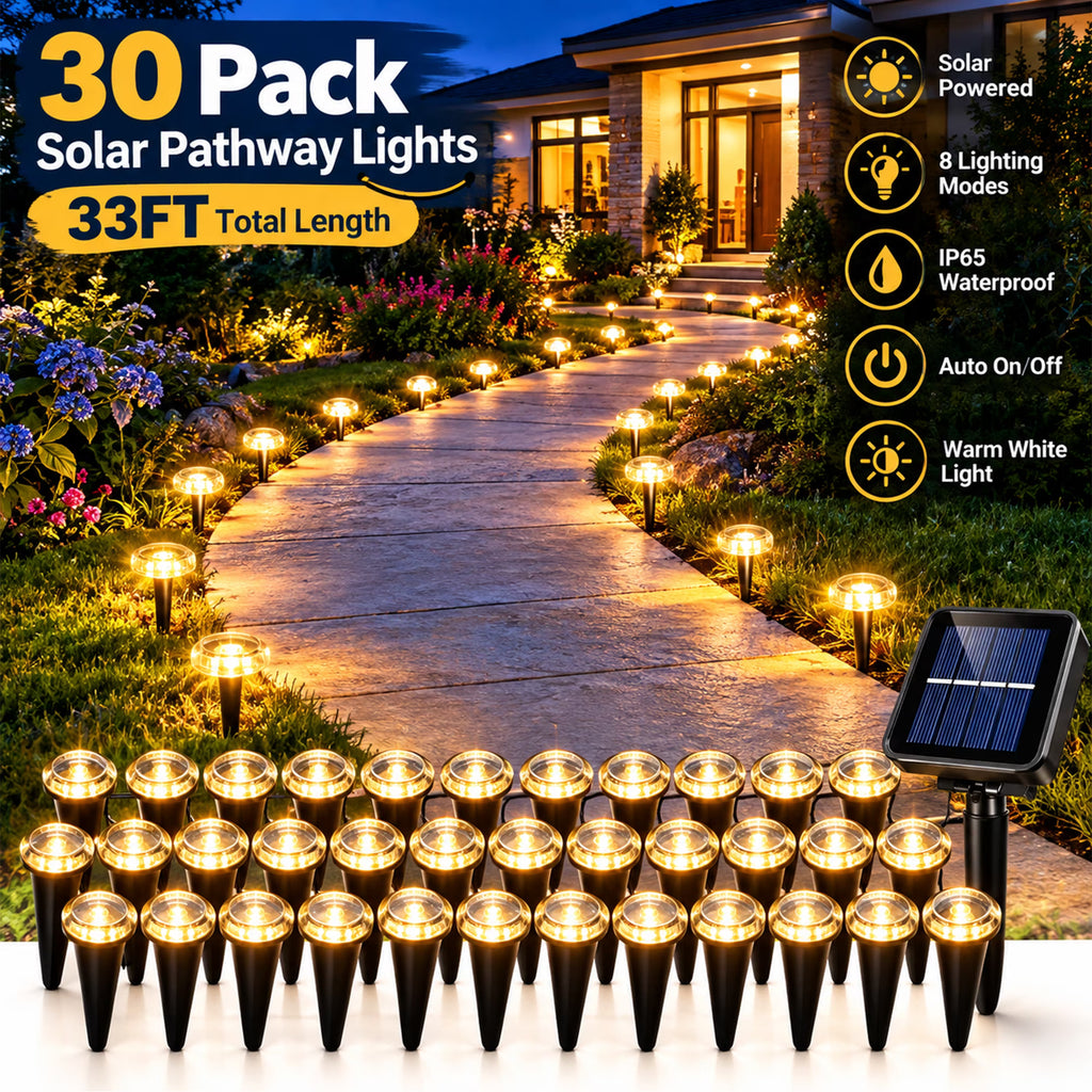 30 Pack Solar Ground Lights Outdoor Waterproof, 33FT Warm White Solar Pathway Lights with 8 Lighting Modes, Auto On/Off Solar Disk Lights for Patio, Walkway, Lawn, Yard, Garden, Driveway