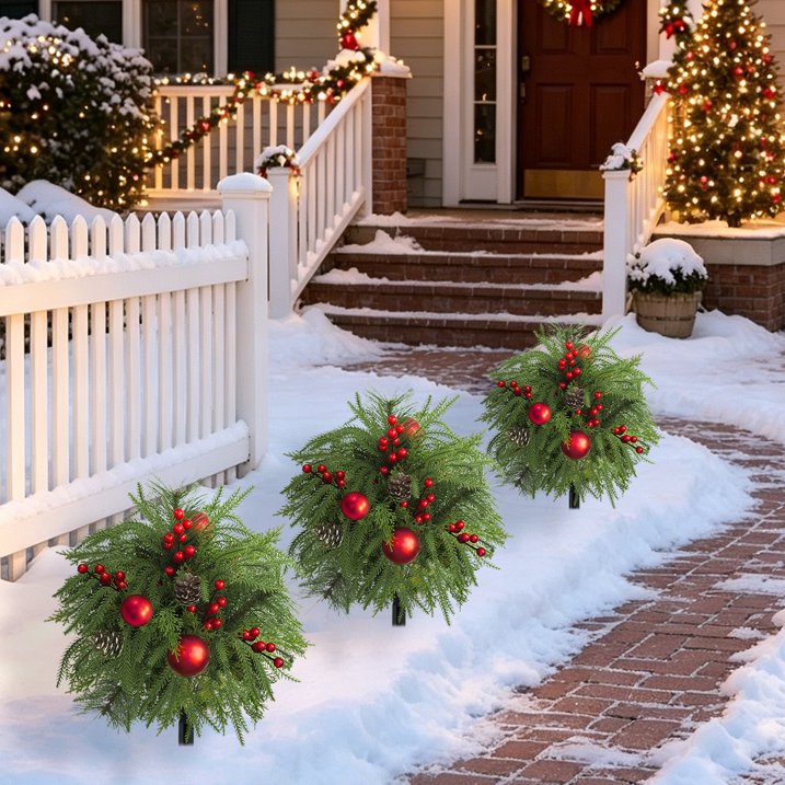 23.6" Set of 2 Artificial Outdoor Christmas Trees with Ground Spikes,UV-Resistant Norfolk Pine with Red Berry Balls for Porch, Garden, Patio Decor