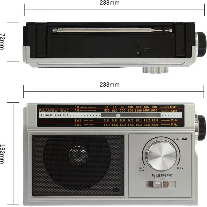 Radio Portable AM FM Shortwave, Vintage Transistor Radios, Retro Personal Radios Rechargeable Battery Powered Plug in Radios, Great Sound and Strong Reception, Easy to Use for Senior, Kids, Silver