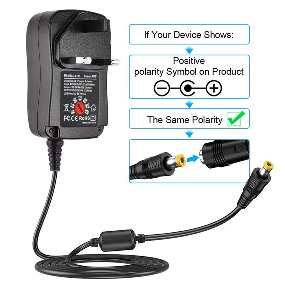 Samovi Universal AC/DC Adapter, 41W Multi-Voltage Regulated Switching Power Supply with 8 Selectable DC Plugs for 6V 9V 12V 15V 18V 20V 24V Household Electronics, LED Strip Light Camera BT Speaker
