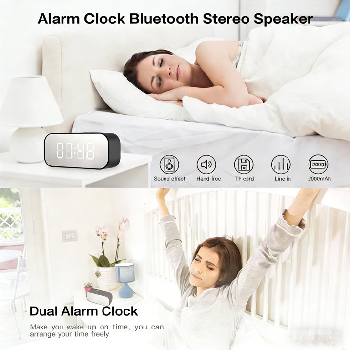 Alarm Clock with Bluetooth Speaker, Alarm Clock for Bedroom/Office, LED Digital Alarm Clock, Large Display Easy to Read Across,Makeup Mirror Multi-Function Desk Clock for Heavy Sleepers Adults(Black)