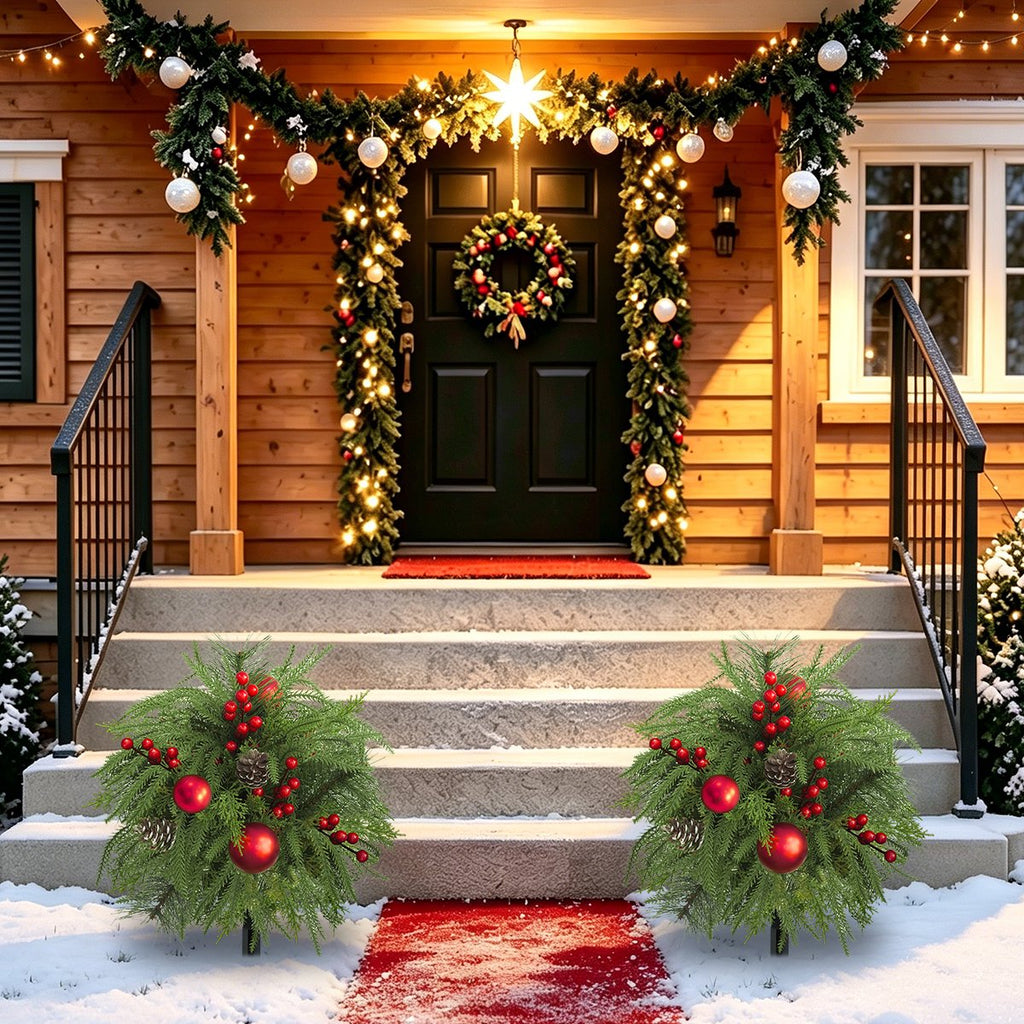 23.6" Set of 2 Artificial Outdoor Christmas Trees with Ground Spikes,UV-Resistant Norfolk Pine with Red Berry Balls for Porch, Garden, Patio Decor