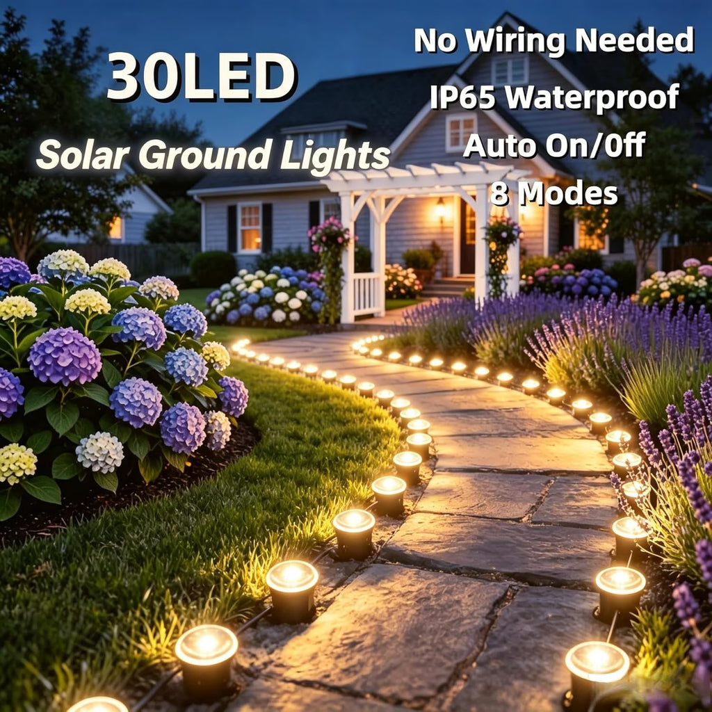 30 Pack Solar Ground Lights Outdoor Waterproof, 33FT Warm White Solar Pathway Lights with 8 Lighting Modes, Auto On/Off Solar Disk Lights for Patio, Walkway, Lawn, Yard, Garden, Driveway