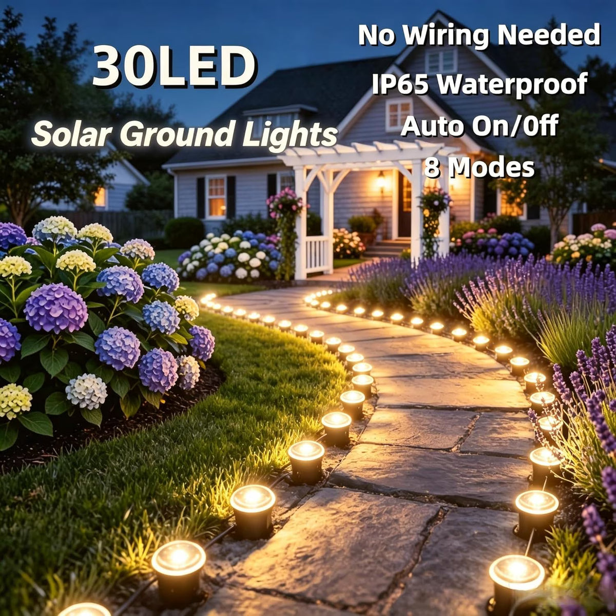 30 Pack Solar Ground Lights Outdoor Waterproof, 33FT Warm White Solar Pathway Lights with 8 Lighting Modes, Auto On/Off Solar Disk Lights for Patio, Walkway, Lawn, Yard, Garden, Driveway
