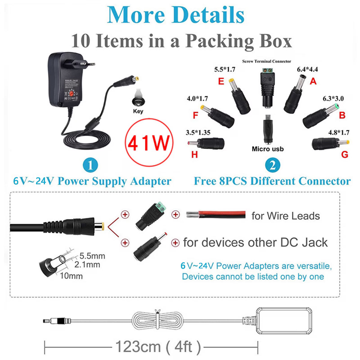 Samovi Universal AC/DC Adapter, 41W Multi-Voltage Regulated Switching Power Supply with 8 Selectable DC Plugs for 6V 9V 12V 15V 18V 20V 24V Household Electronics, LED Strip Light Camera BT Speaker