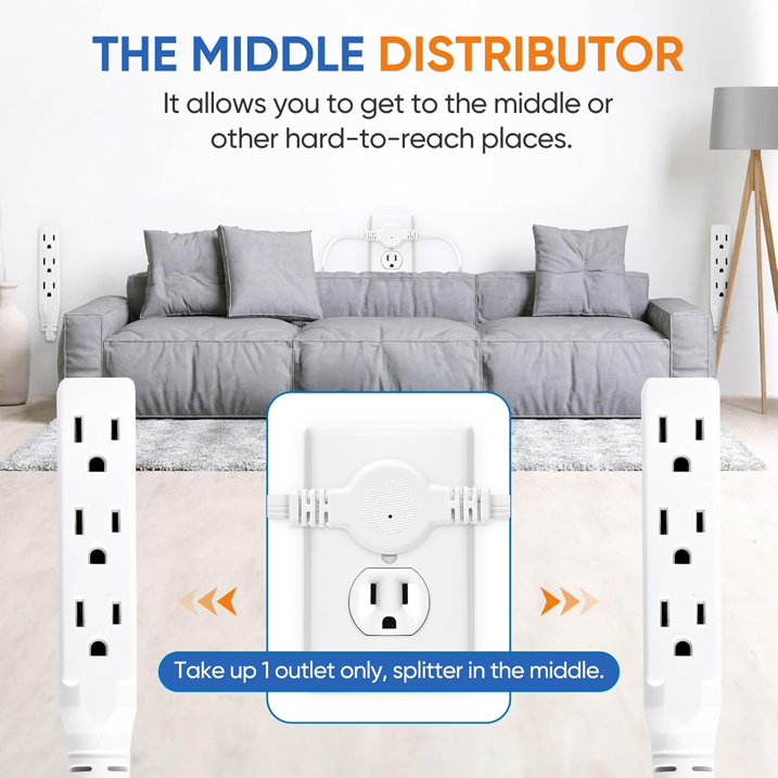 12FT Twin Extension Cord Power Strip with 6 Receptacles, Double Head Outlet Extender for Bedroom, Bed, Couch, Desk & Home Indoor Use, White