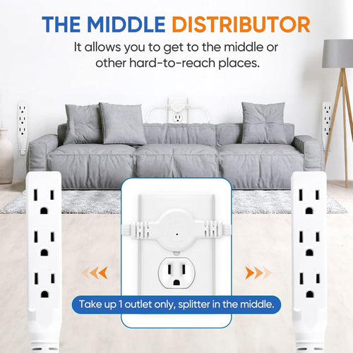 12FT Twin Extension Cord Power Strip with 6 Receptacles, Double Head Outlet Extender for Bedroom, Bed, Couch, Desk & Home Indoor Use, White