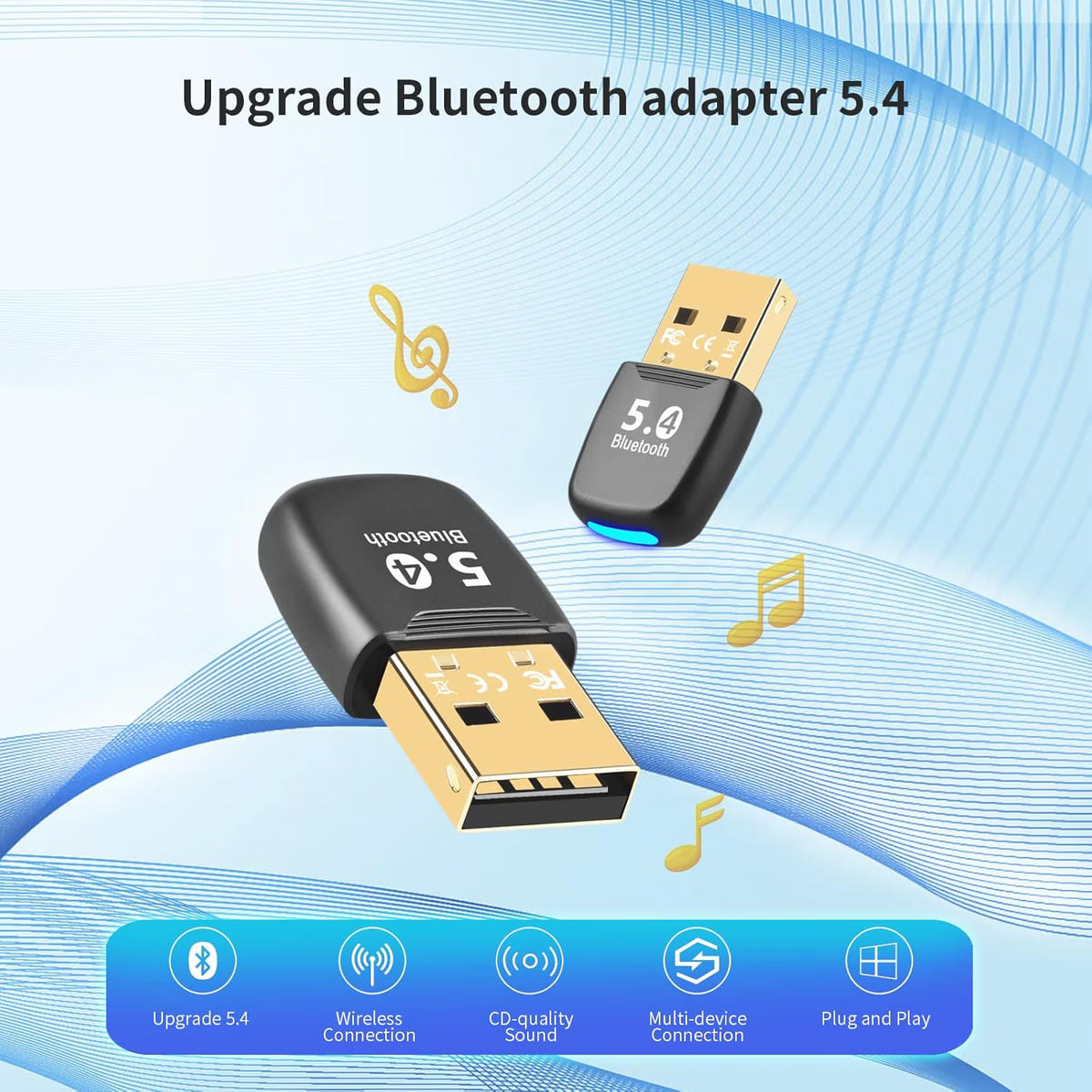 Bluetooth Adapter for PC, Bluetooth 5.4 Dongle Receiver, Taillight Design, Plug and Play, EDR & BLE, Supports Windows 11/10/8.1/7, Suitable for Desktop, Laptop, Headset, Keyboard, Mouse, Speaker