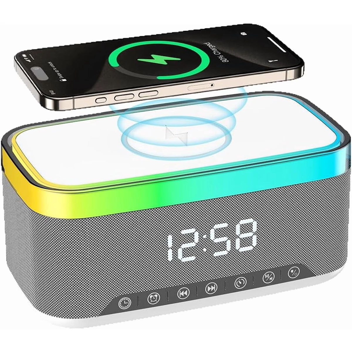 Digital Alarm Clock with Wireless Charging, Bedside with Fast Wireless Charging 15W, Timer Alarm Clock for Heavy Sleepers, RGB Night Light, Bluetooth Speaker Suitable for Indoor & Outdoor, Grey