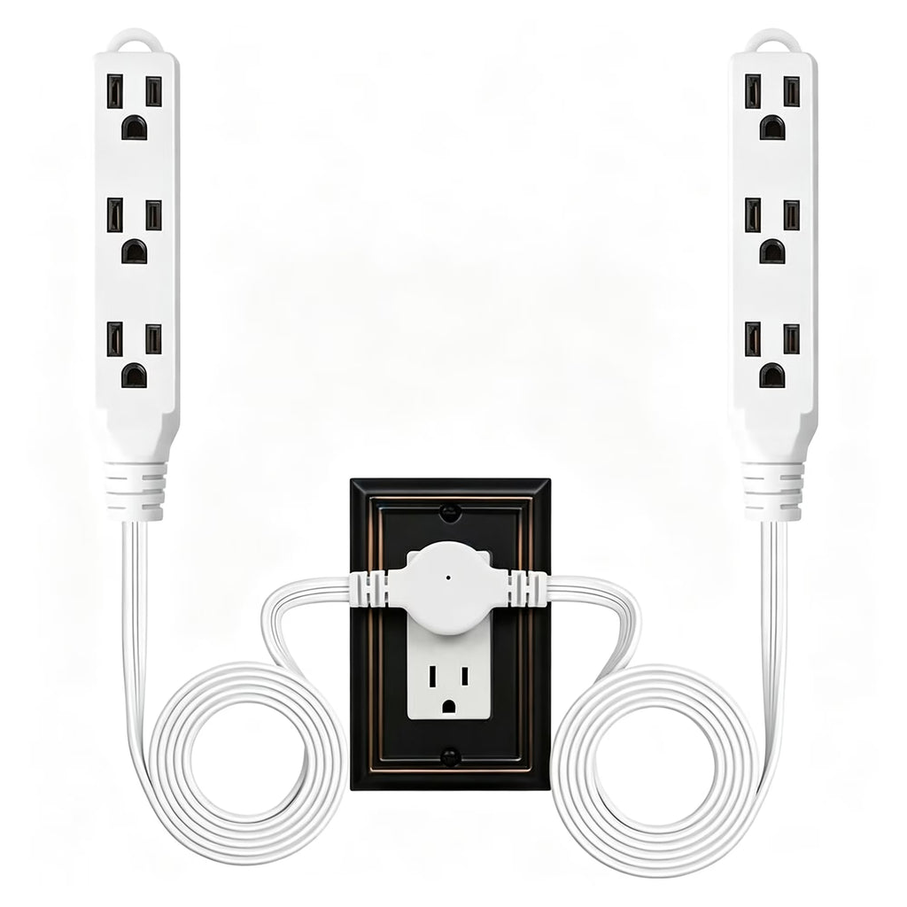 12FT Twin Extension Cord Power Strip with 6 Receptacles, Double Head Outlet Extender for Bedroom, Bed, Couch, Desk & Home Indoor Use, White