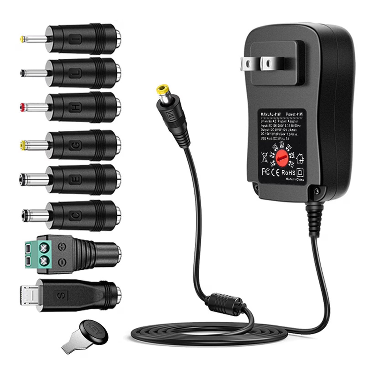Samovi Universal AC/DC Adapter, 41W Multi-Voltage Regulated Switching Power Supply with 8 Selectable DC Plugs for 6V 9V 12V 15V 18V 20V 24V Household Electronics, LED Strip Light Camera BT Speaker