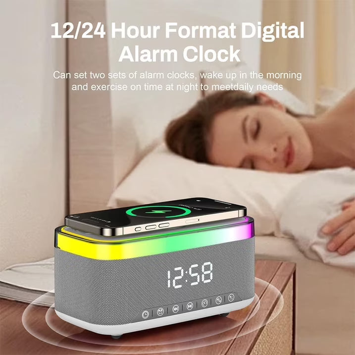 Digital Alarm Clock with Wireless Charging, Bedside with Fast Wireless Charging 15W, Timer Alarm Clock for Heavy Sleepers, RGB Night Light, Bluetooth Speaker Suitable for Indoor & Outdoor, Grey