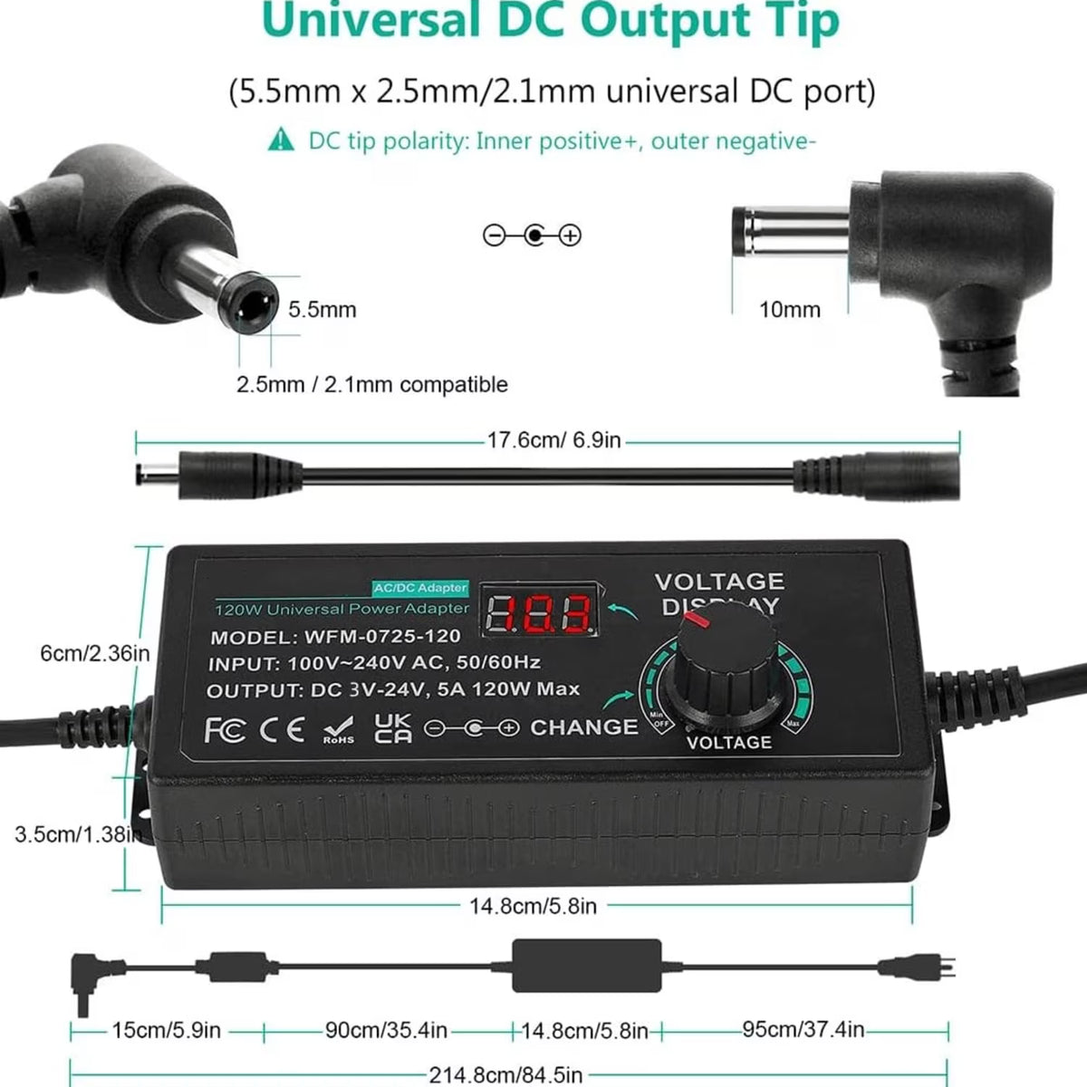 Adjustable Power Supply Adapter, 3V-24V 5A 120W Universal Power, Variable Switching AC/DC Adapter, 100V-240V AC to DC Converter with 14 Tips & LED Voltage Display for 3V to 24V Household Electronics
