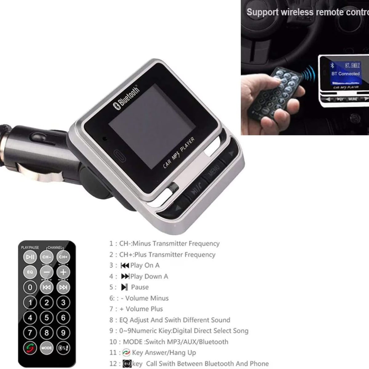 Bluetooth FM Transmitter for Car, Wireless Car Radio Adapter with Remote Control, High-Definition Large Display, Hands-Free Calling, Voice Assistant, MP3 Music Player Support U Disk/TF Card/Aux