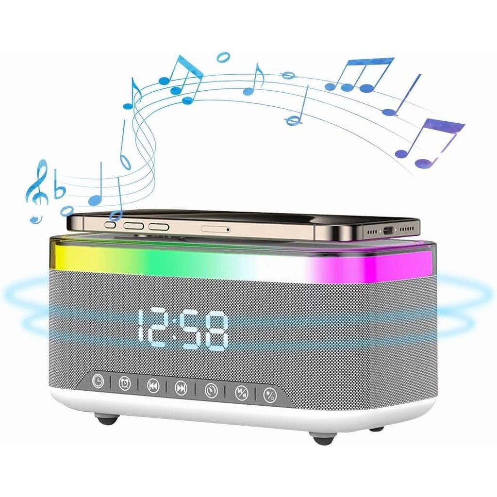 Digital Alarm Clock with Wireless Charging, Bedside with Fast Wireless Charging 15W, Timer Alarm Clock for Heavy Sleepers, RGB Night Light, Bluetooth Speaker Suitable for Indoor & Outdoor, Grey