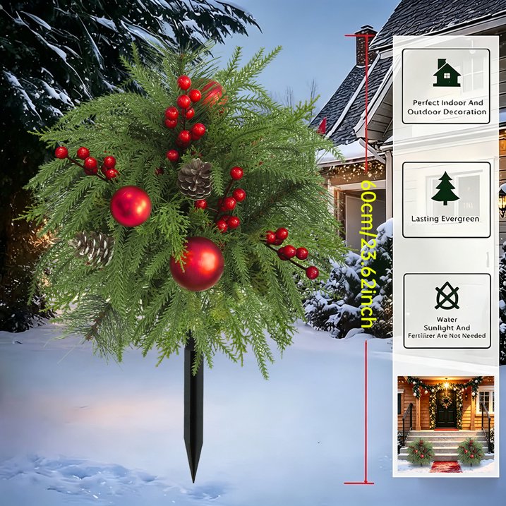 23.6" Set of 2 Artificial Outdoor Christmas Trees with Ground Spikes,UV-Resistant Norfolk Pine with Red Berry Balls for Porch, Garden, Patio Decor