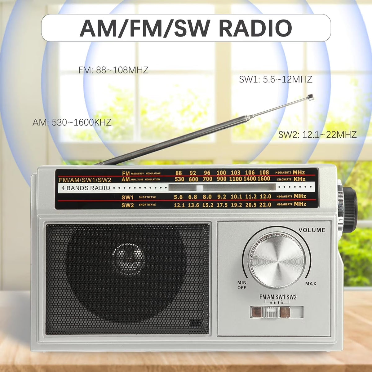 Radio Portable AM FM Shortwave, Vintage Transistor Radios, Retro Personal Radios Rechargeable Battery Powered Plug in Radios, Great Sound and Strong Reception, Easy to Use for Senior, Kids, Silver