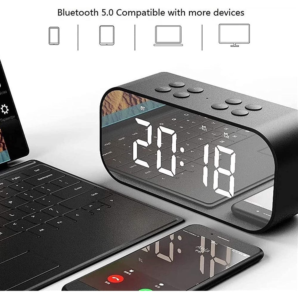 Alarm Clock with Bluetooth Speaker, Alarm Clock for Bedroom/Office, LED Digital Alarm Clock, Large Display Easy to Read Across,Makeup Mirror Multi-Function Desk Clock for Heavy Sleepers Adults(Black)