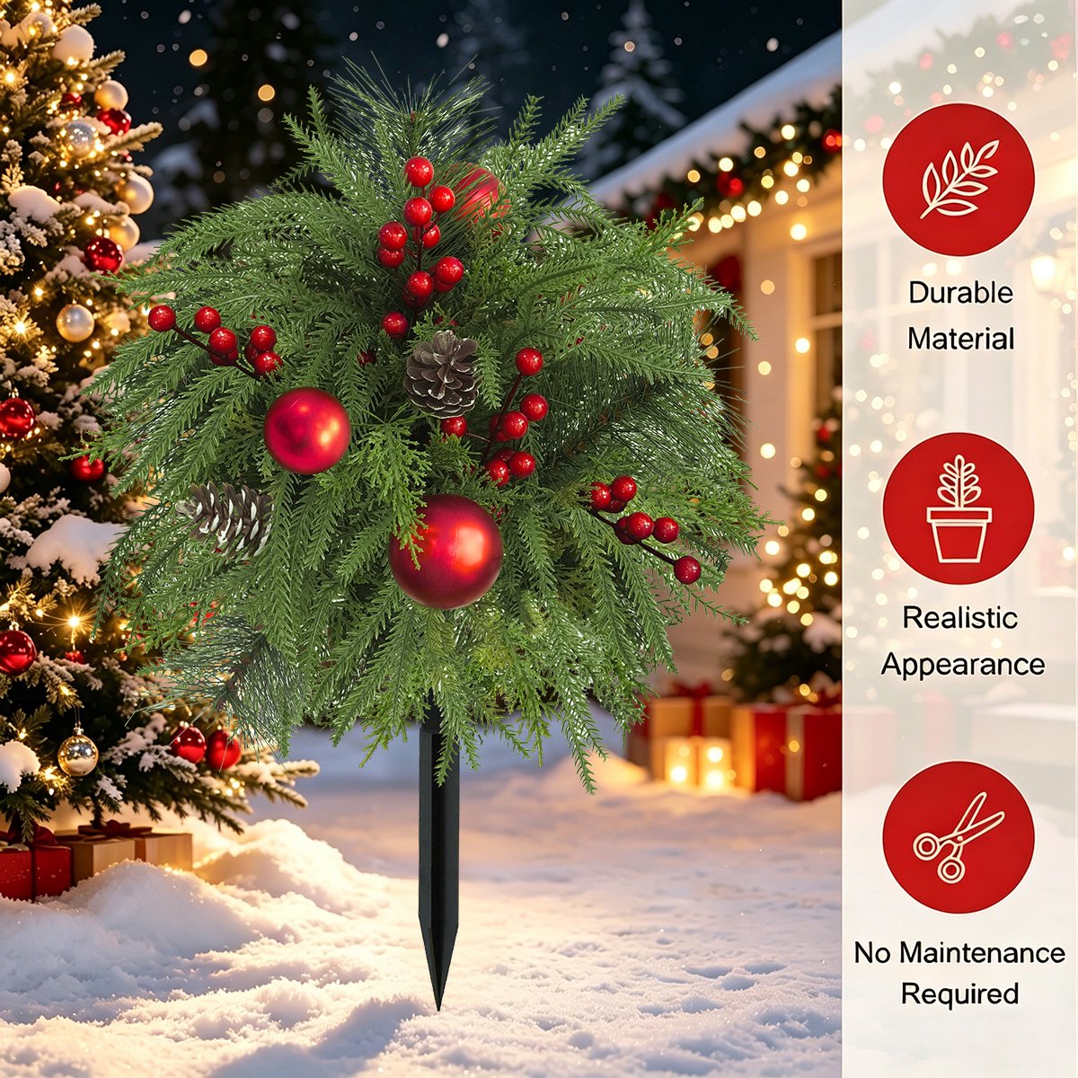 23.6" Set of 2 Artificial Outdoor Christmas Trees with Ground Spikes,UV-Resistant Norfolk Pine with Red Berry Balls for Porch, Garden, Patio Decor
