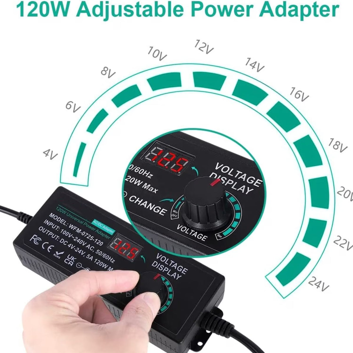 Adjustable Power Supply Adapter, 3V-24V 5A 120W Universal Power, Variable Switching AC/DC Adapter, 100V-240V AC to DC Converter with 14 Tips & LED Voltage Display for 3V to 24V Household Electronics